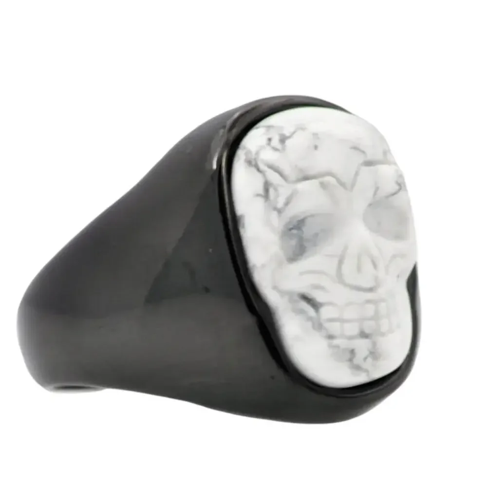 Men's Genuine Howlite Black Plated Stainless Steel Skull Ring